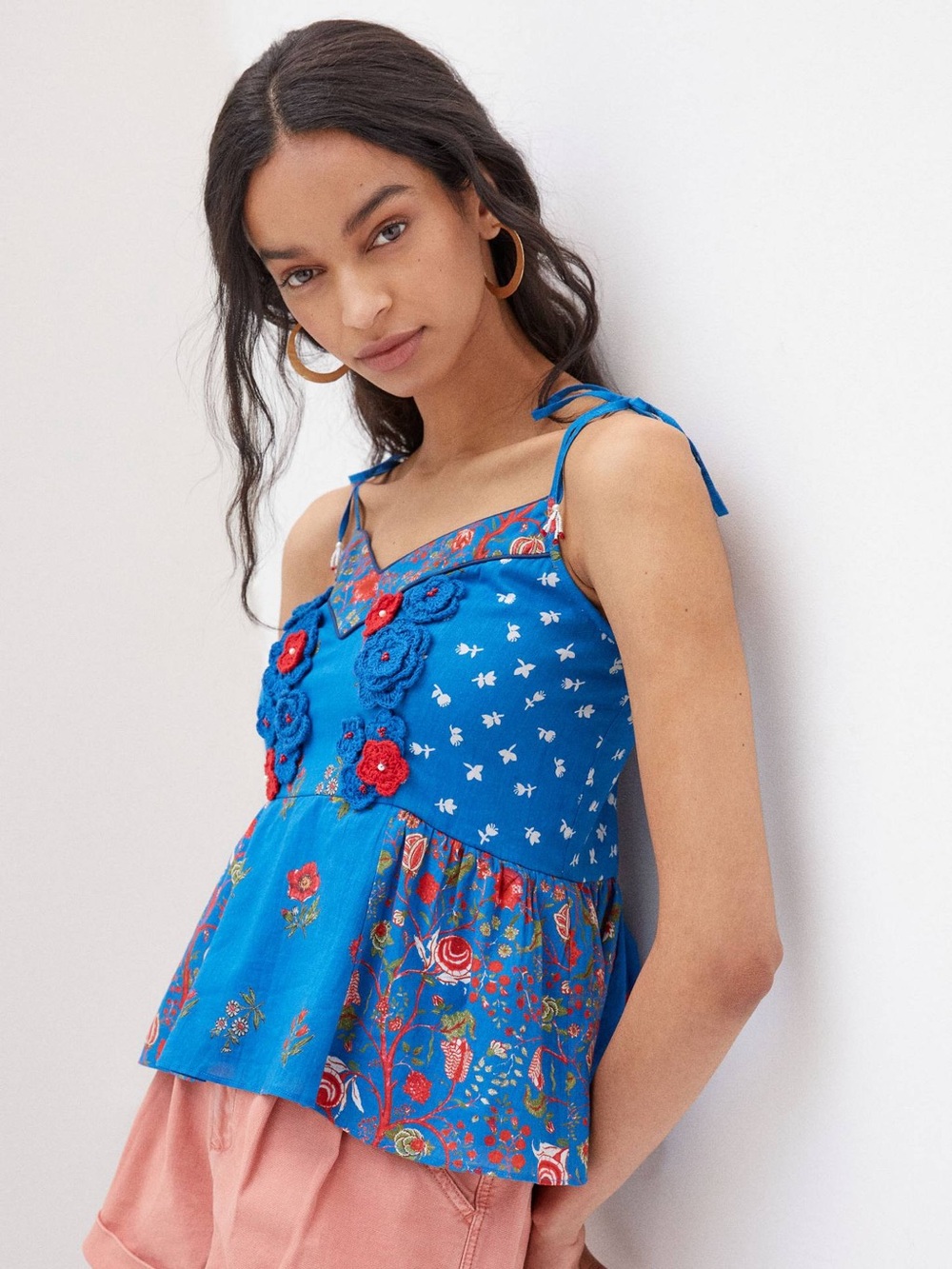 Nikasha Floral Crochet Babydoll Tank in Blue Embroidery size S